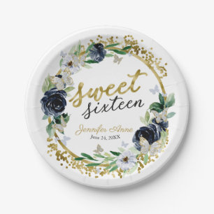 Assiettes En Carton Douze Ans Fleuris Papillon Bleu Marine