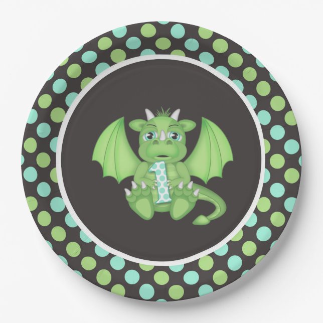 Assiettes En Carton Dragon 1er Plaques d'anniversaire Vert/Bleu/Gris (Devant)