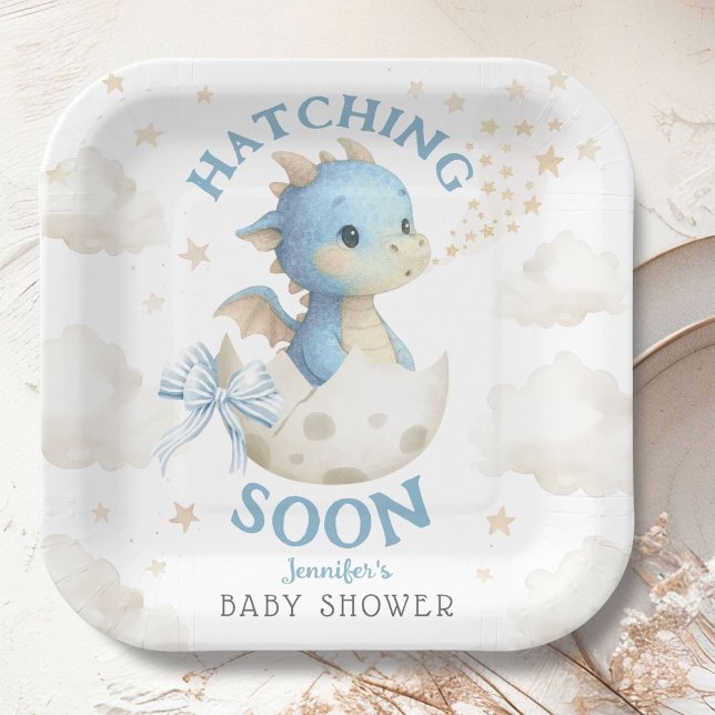 Assiettes En Carton Dragon Baby Shower Boy Blue Hatching Soon (Créateur téléchargé)