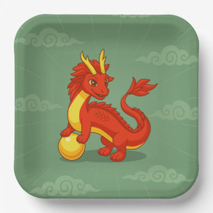 Assiettes En Carton Dragon Chinois Rouge sur Fond Vert
