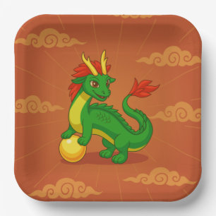 Assiettes En Carton Dragon Chinois Vert sur Fond Rouge