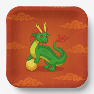 Assiettes En Carton Dragon Chinois Vert sur Fond Rouge