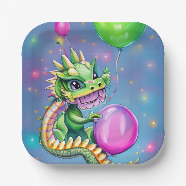 Assiettes En Carton Dragon d'anniversaire mignon avec ballons (Recto)