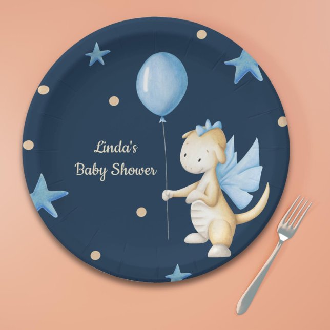 Assiettes En Carton Dragon de bébé personnalisé avec Baby shower de ba (Navy blue dragon boy baby shower paper plates)
