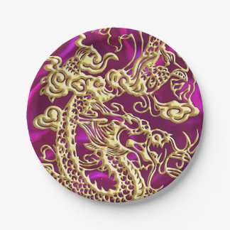 Assiettes En Carton Dragon d'or embouti sur Magenta Satin