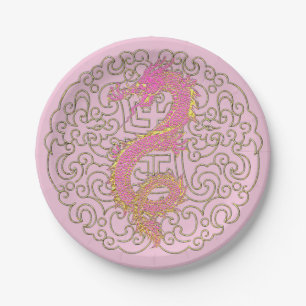 Assiettes En Carton Dragon d'or rose sur le Motif traditionnel chinois