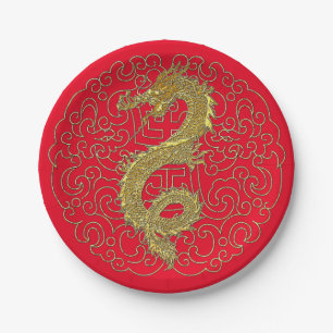 Assiettes En Carton Dragon d'or sur le motif traditionnel chinois
