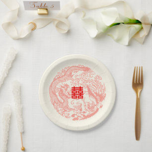 Assiettes En Carton Dragon et Phoenix mariage chinois beige rouge