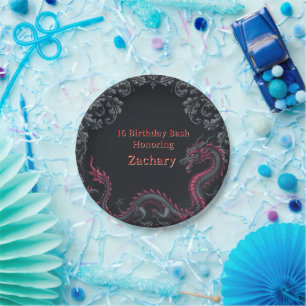 Assiettes En Carton Dragon noir fantaisiste en damassé rouge pour une