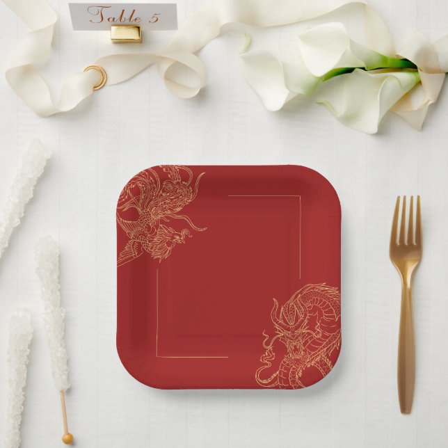 Assiettes En Carton Dragon Phoenix traditionnel Mariage chinois rouge  (Mariage)