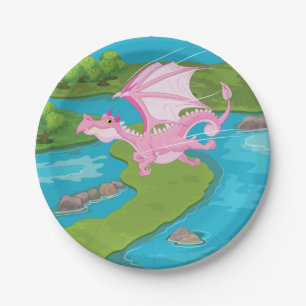 Assiettes En Carton Dragon Rose Volant Au-Dessus de la Rivière
