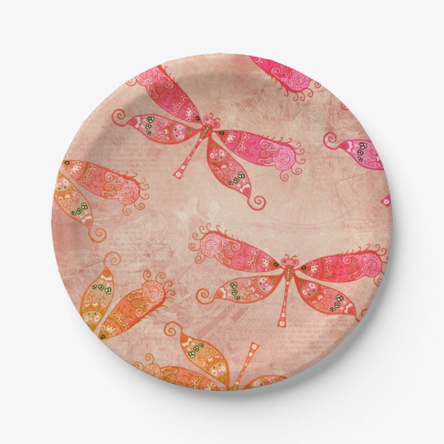 Assiettes En Carton Dragonflies Boho en rose (Devant)