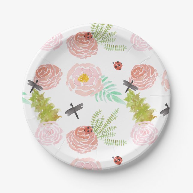 Assiettes En Carton Dragonlies Jardin d'aquarelle Rose (Devant)