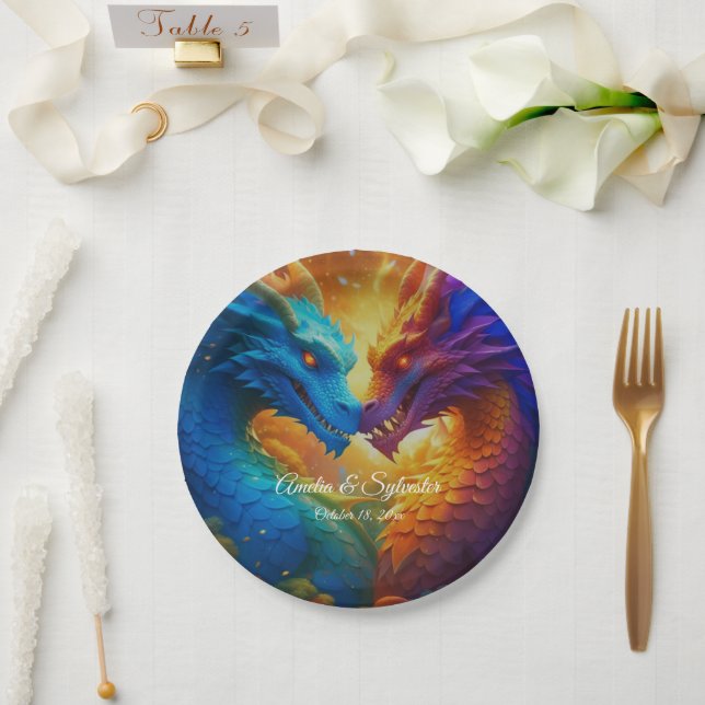 Assiettes En Carton Dragons colorés en amour (Mariage)