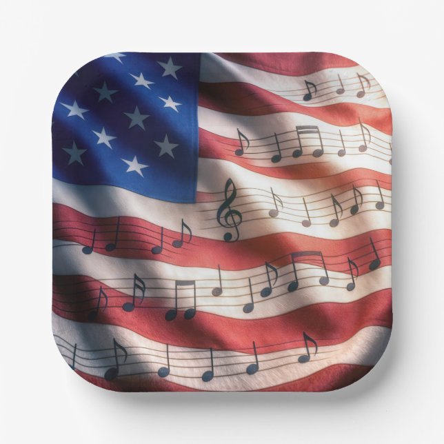 Assiettes En Carton Drapeau américain avec notes de musique (Recto)