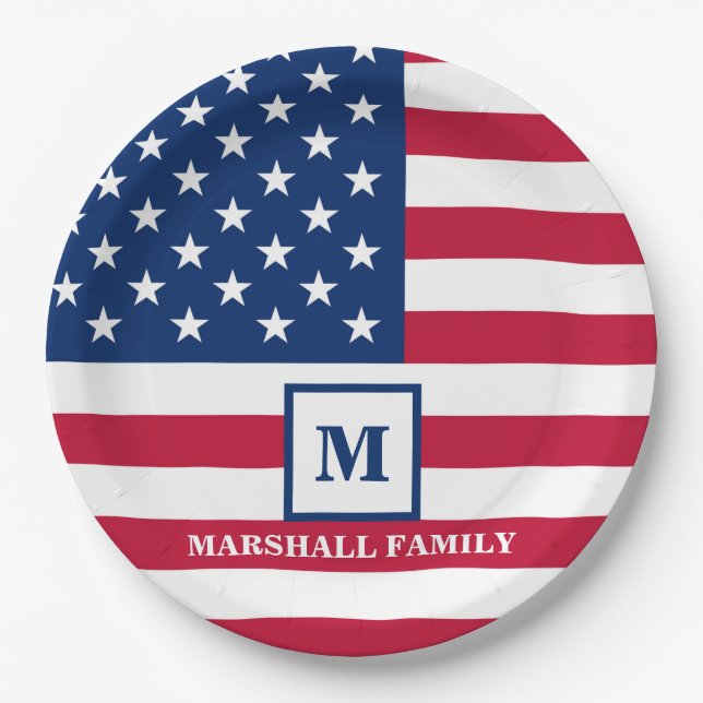 Assiettes En Carton Drapeau américain Customisé Monogramme 4 juillet (Devant)