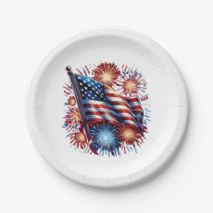 Assiettes En Carton Drapeau américain Feux d'artifice Patriotique