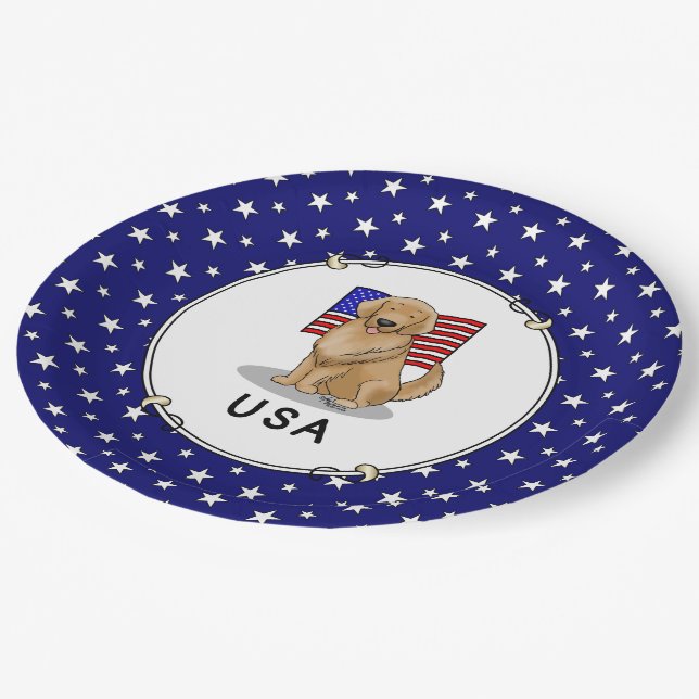 Assiettes En Carton Drapeau américain Golden Retriever Chien Patriotiq (Angle)