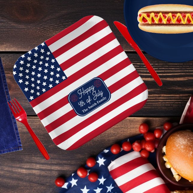 Assiettes En Carton Drapeau américain patriotique Joyeux 4 juillet Nom (Red, White and Blue Patriotic U.S. Flag "Happy 4th of July" Family Name Paper Plate)