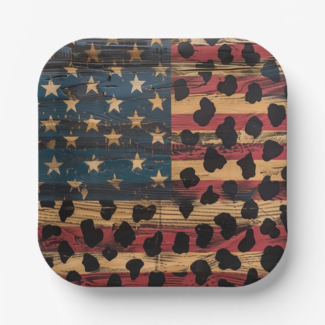 Assiettes En Carton Drapeau américain rustique imprimé léopard (4) (Recto)