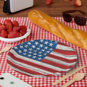 Assiettes En Carton Drapeau Américain sur Motif Patiné en bois