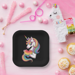Assiettes En Carton Drapeau arc-en-ciel de cœur de licorne de fierté g