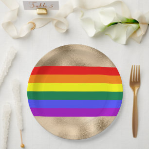 Assiettes En Carton Drapeau arc-en-ciel sur or