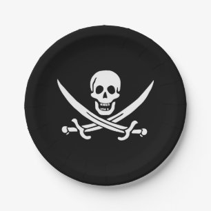 Assiettes En Carton Drapeau de pirate Crâne croisé épées