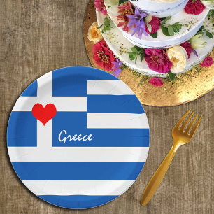 Assiettes En Carton Drapeau grec et coeur - Grecs fans de voyages/spor