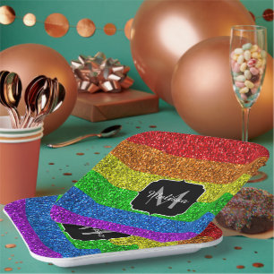 Assiettes En Carton Drapeau LGBT vibrant arc-en-ciel paillettes scinti