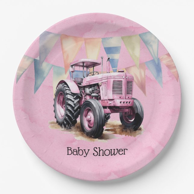 Assiettes En Carton Drapeau rose Tracteur Baby shower fille d'aquarell (Devant)