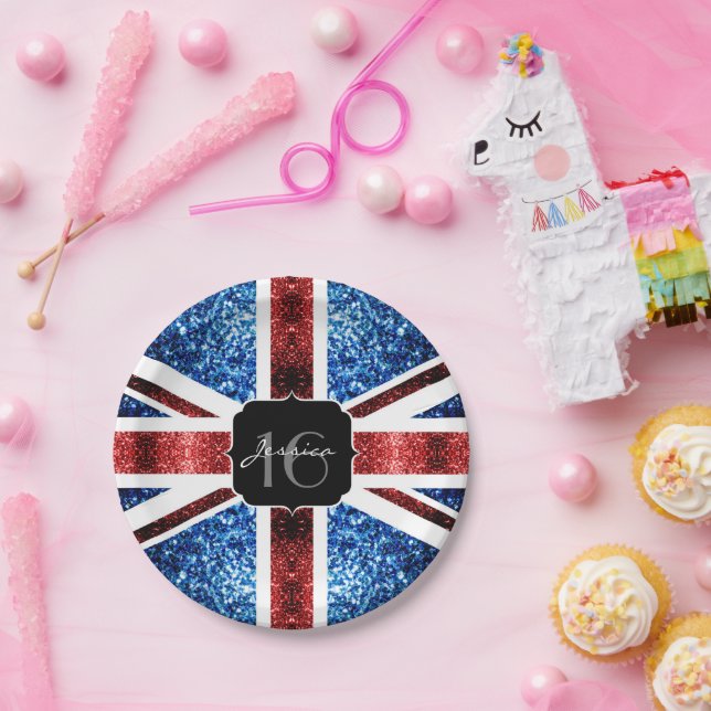 Assiettes En Carton Drapeau rouge bleu étincelant parties scintillant  (Fête)