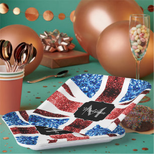 Assiettes En Carton Drapeau rouge et bleu parties scintillant Monogram
