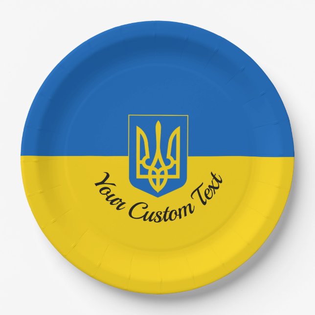 Assiettes En Carton Drapeau ukrainien avec blason et texte personnalis (Devant)