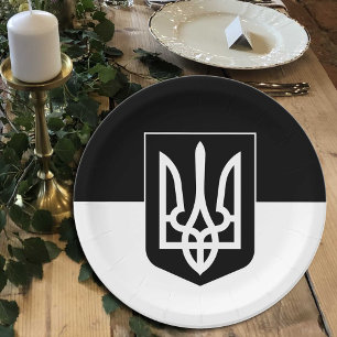 Assiettes En Carton Drapeau ukrainien, Emblem & Ukraine - Noir / Blanc