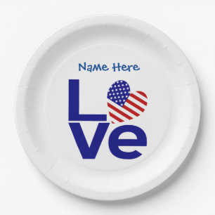 Assiettes En Carton Drapeau USA Amour en Bleu Fête Personnalisée