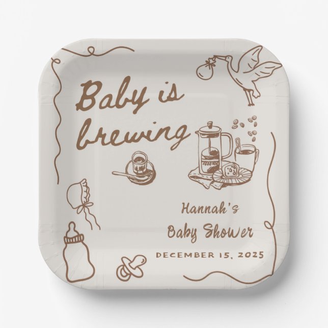 Assiettes En Carton Drawn Coffee Baby is Brewing Baby Shower (Recto)