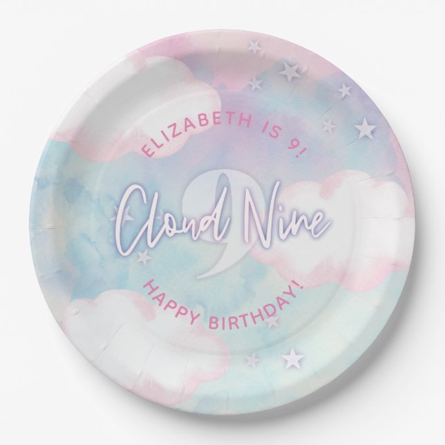 Assiettes En Carton Dreamy Girl On Cloud Neuf 9e anniversaire (Devant)