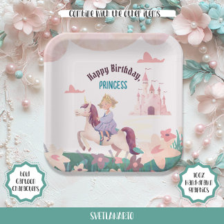 Assiettes En Carton Dreamy Princess Riding Plaque papier Carré Unicorn
