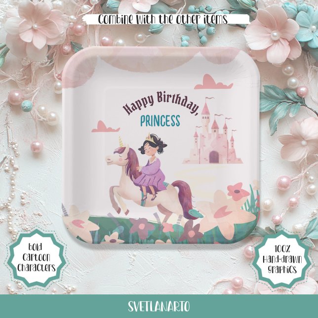 Assiettes En Carton Dreamy Princess Riding Plaque papier Carré Unicorn (Créateur téléchargé)