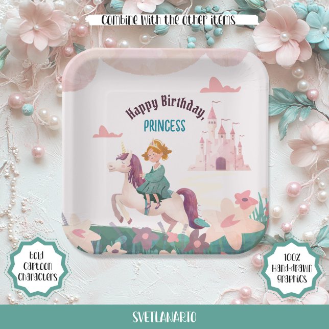 Assiettes En Carton Dreamy Princess Riding Plaque papier Carré Unicorn (Créateur téléchargé)