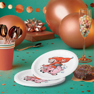 Assiettes En Carton Drôle Cartoon Gnome équitation Flying Pig