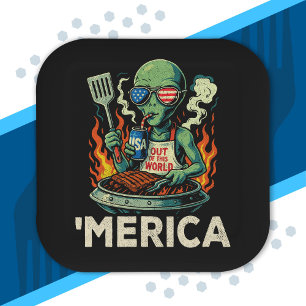Assiettes En Carton Drôle d'Amérique Alien Barbecue Grillade Patriotiq
