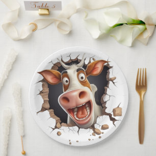 Assiettes En Carton Drôle dessin animé sur la vache folle face fermier