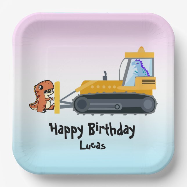 Assiettes En Carton Drôle dinosaure tracteur garçon Retour à l'école A (Recto)