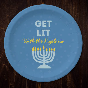 Assiettes En Carton Drôle "Get Lit" Chic Personnalisé Menorah Hanoukka