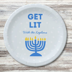 Assiettes En Carton Drôle "Get Lit" Chic Personnalisé Menorah Hanoukka