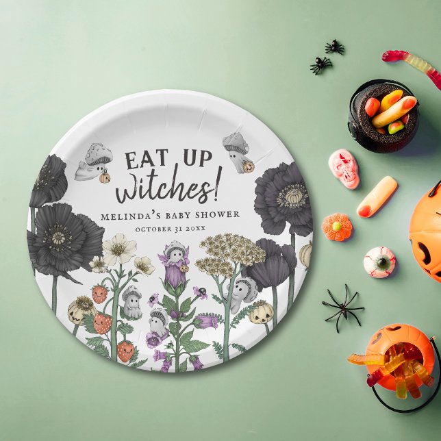 Assiettes En Carton Drôle Mangez des sorcières Baby shower d'Halloween (Eat up witches Halloween party plates with flowers and cute mushroom ghosts)