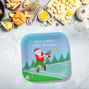 Assiettes En Carton Drôle Père Noël Jouer Pickleball Joyeux Volley Xma