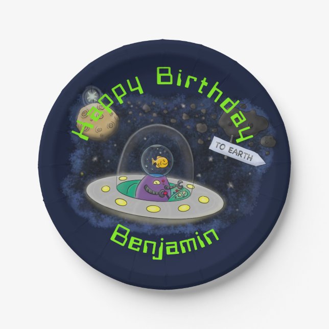 Assiettes En Carton Drôle poisson OVNI vaisseau spatial dessin de dess (Devant)